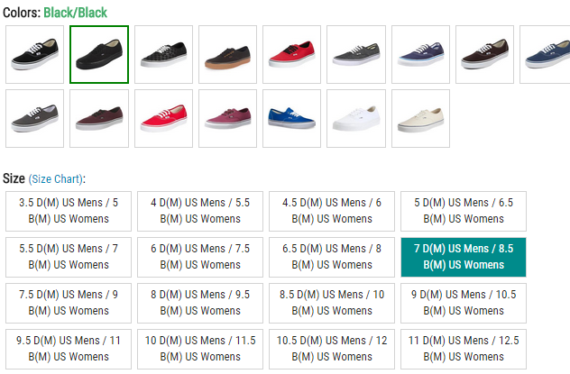 Sizes displayed on our site depicting both the mens and womens sizing equivalents.