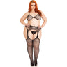 Leg Avenue - Womens Plus Size 3 Piece Rhinestone Lace Bra Top, G-String Panty, and Fishnet Garter Belt Stockings