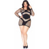 Leg Avenue - Womens Plus Size Diamond Net Long Sleeved Mini Dress with Opaque Panel Accents