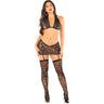 Leg Avenue - Womens 3 Piece Rhinestone Lace Halter Bra Top, V-Cut Low Waist Garter Skirt, and Stockings
